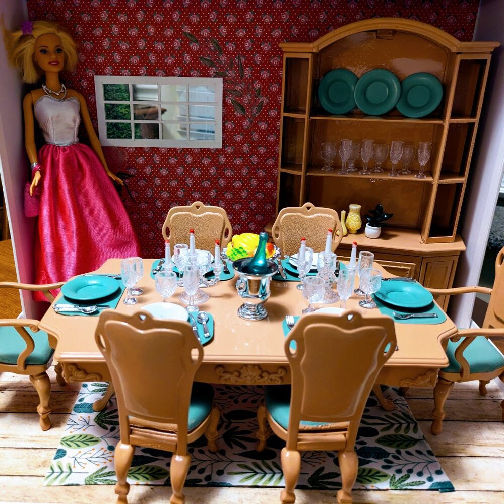 OOAK Barbie Size Dining Room Set, China Cabinet, Doll & Accessories